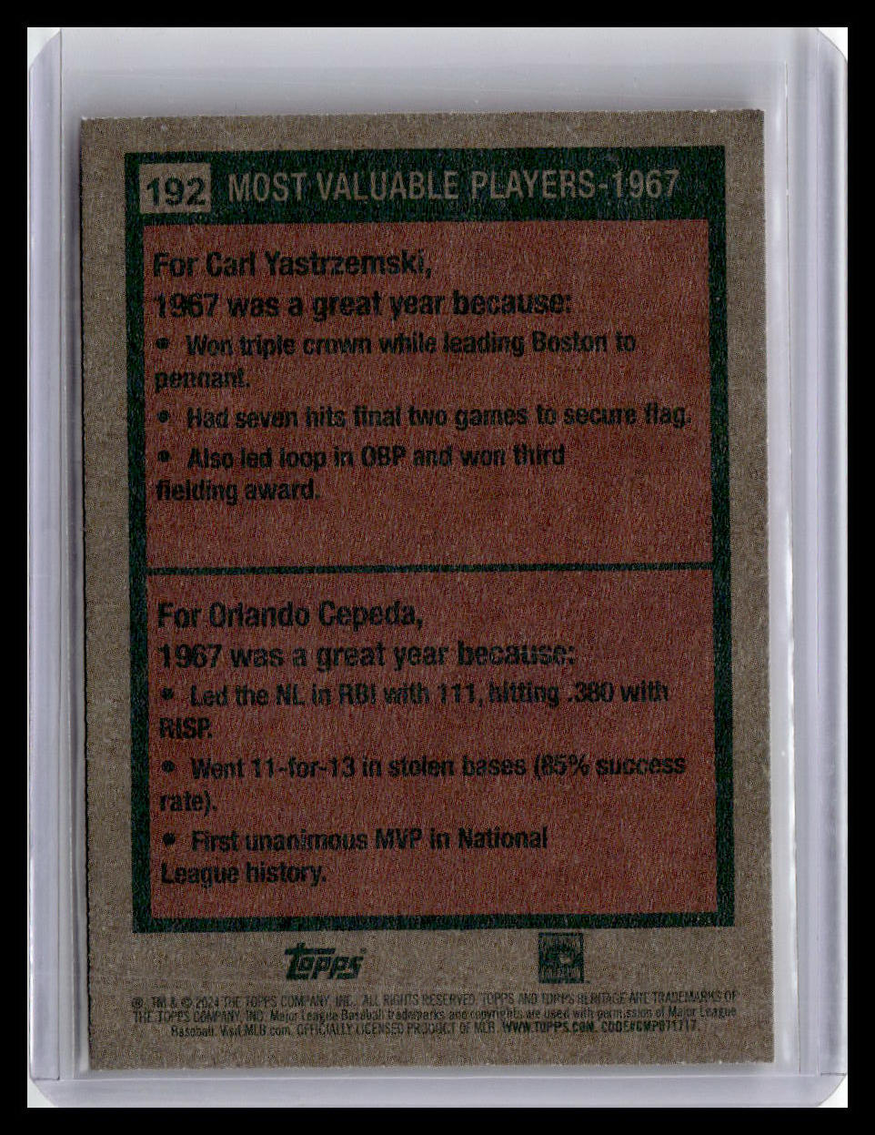 2024 Topps Heritage #192 1967 MVPs (Carl Yastrzemski / Orlando Cepeda)