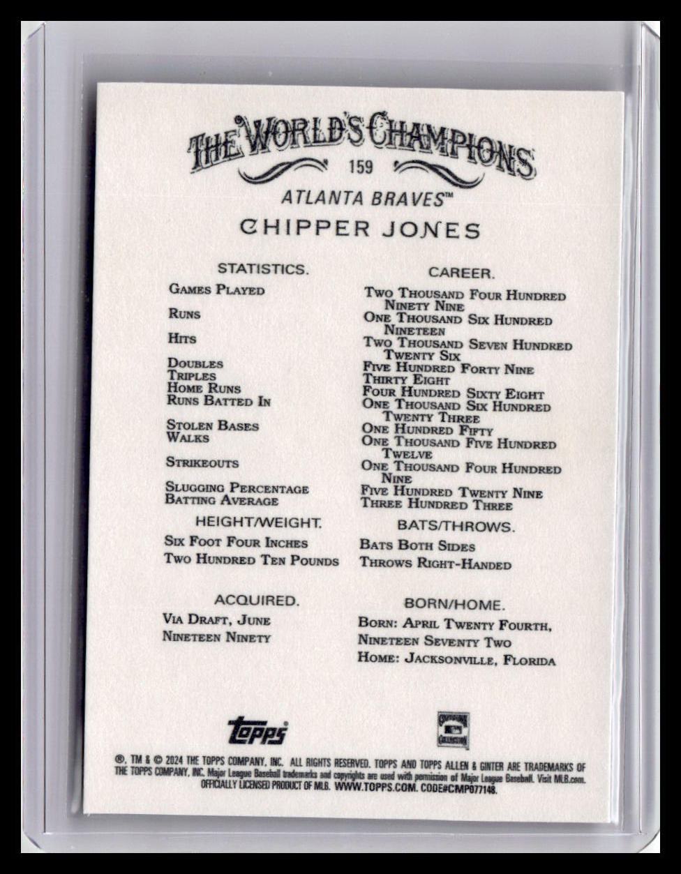 2024 Topps Allen & Ginter #159 Chipper Jones
