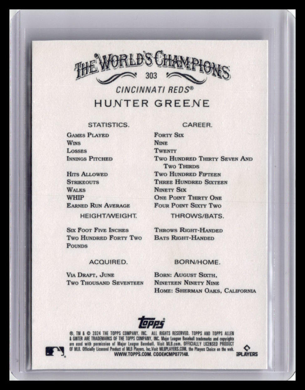 2024 Topps Allen & Ginter #303 Hunter Greene