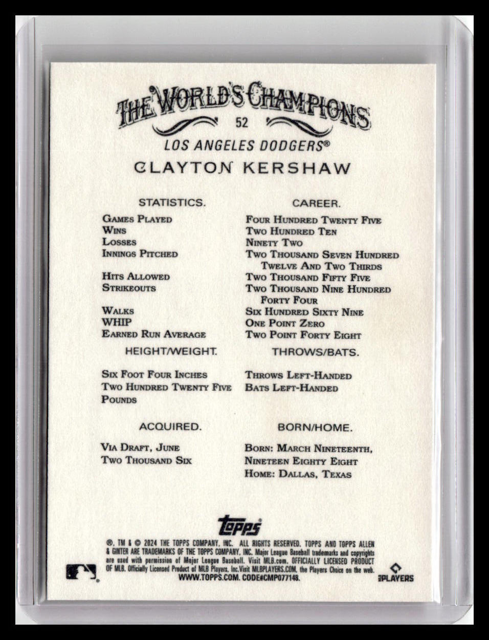 2024 Topps Allen & Ginter #52 Clayton Kershaw