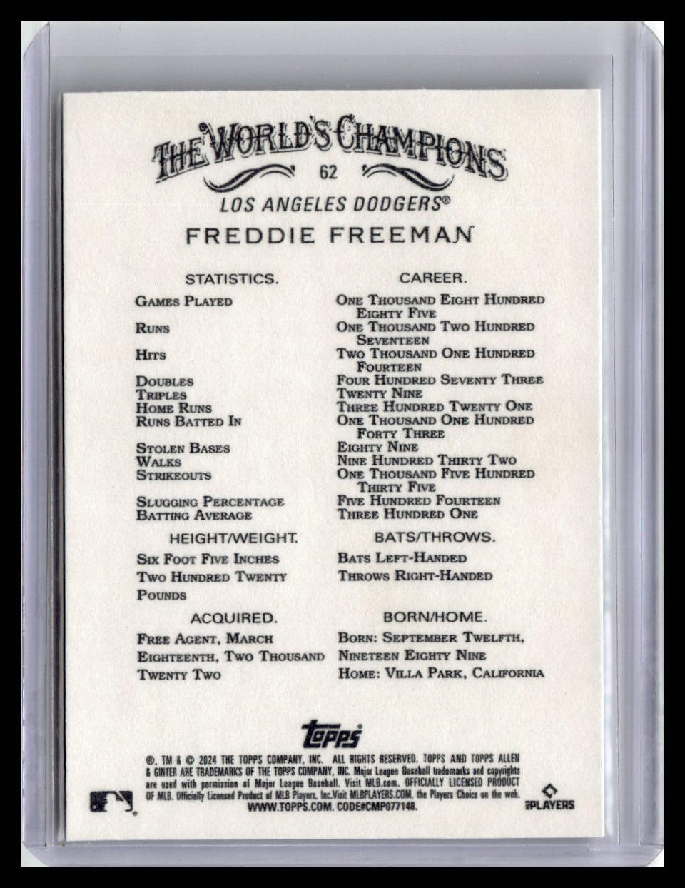 2024 Topps Allen & Ginter #62 Freddie Freeman