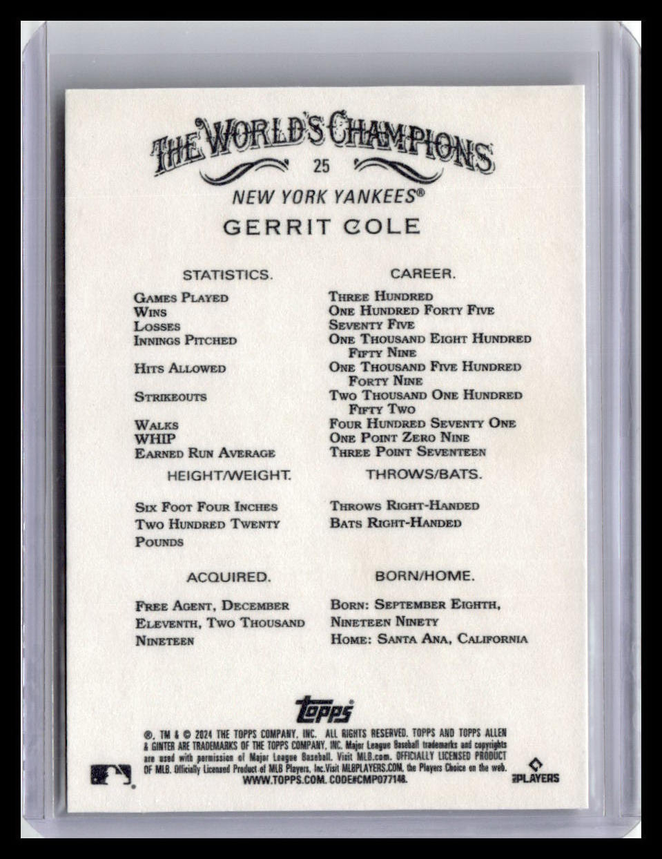 2024 Topps Allen & Ginter #25 Gerrit Cole
