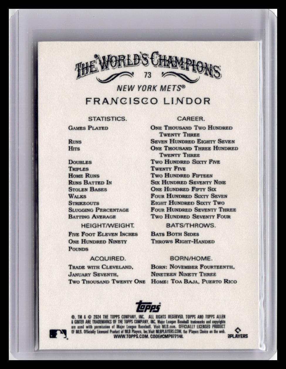 2024 Topps Allen & Ginter #73 Francisco Lindor