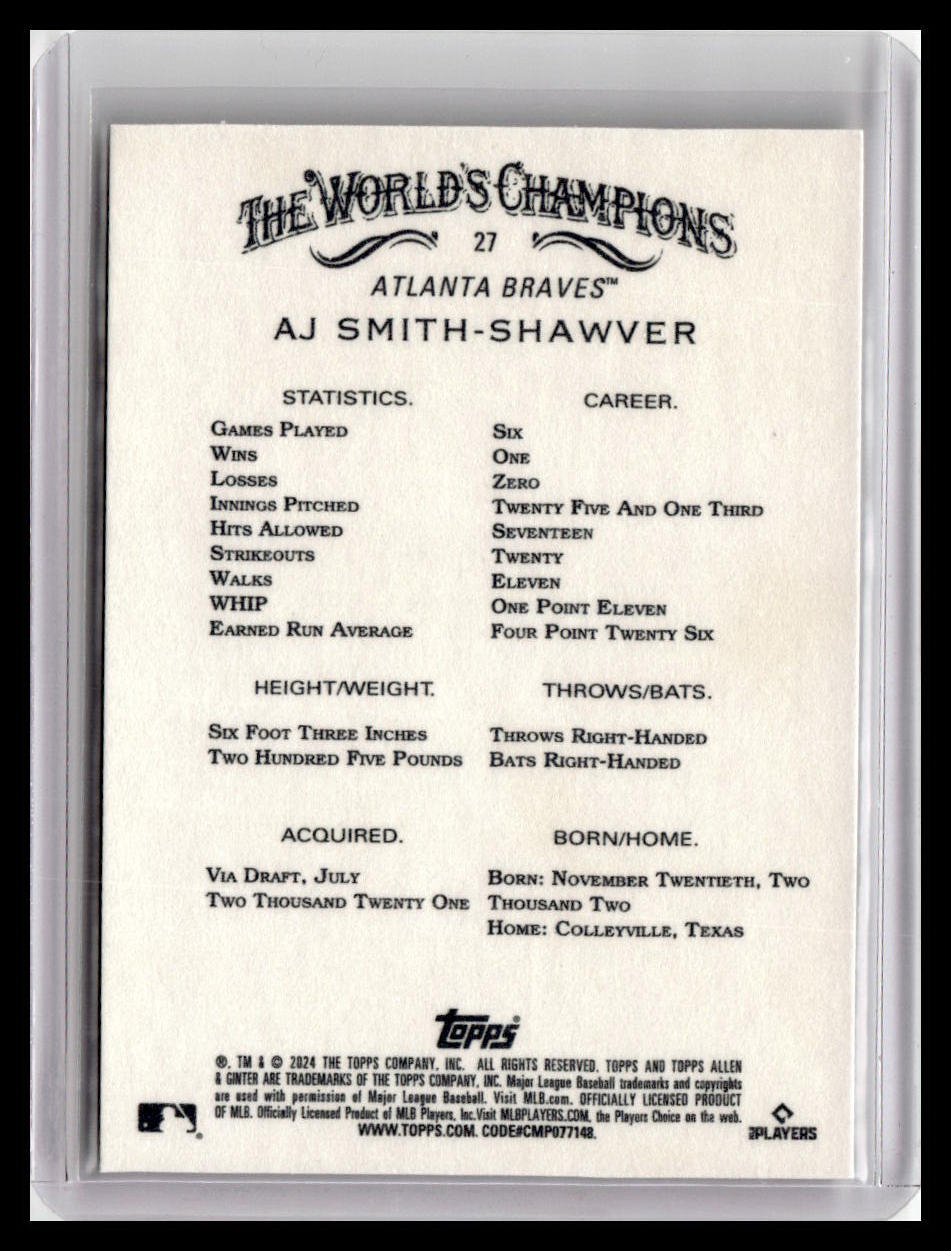 2024 Topps Allen & Ginter #27 AJ Smith-Shawver