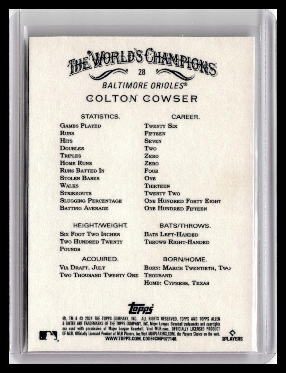 2024 Topps Allen & Ginter #28 Colton Cowser