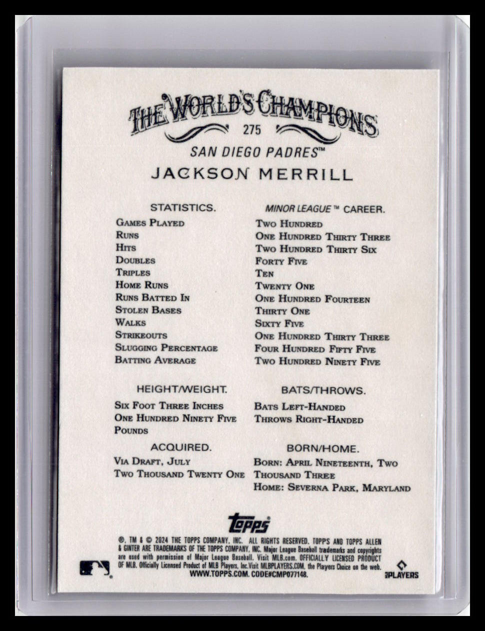 2024 Topps Allen & Ginter #275 Jackson Merrill
