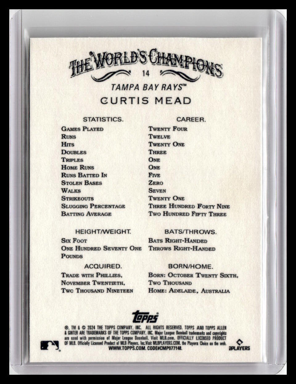 2024 Topps Allen & Ginter #14 Curtis Mead