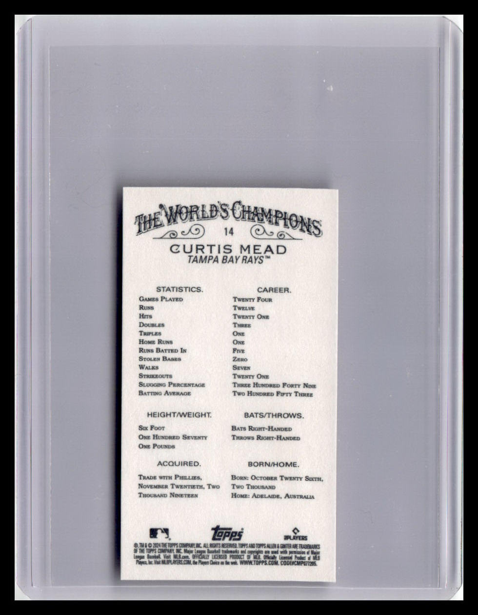 2024 Topps Allen & Ginter #14 Curtis Mead Mini Gold Border
