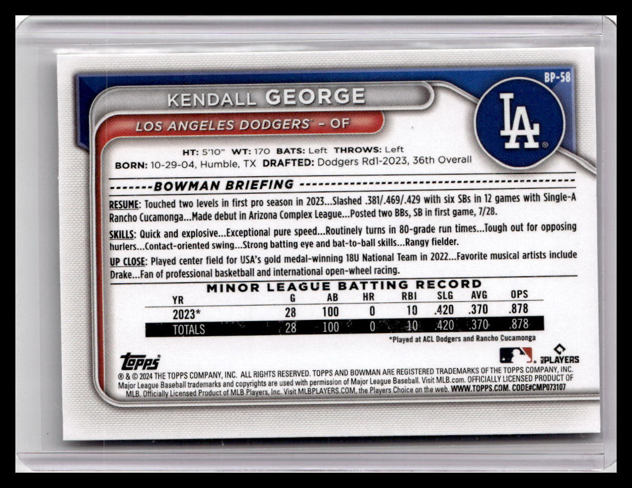2024 Bowman #BP-58 Kendall George Prospects