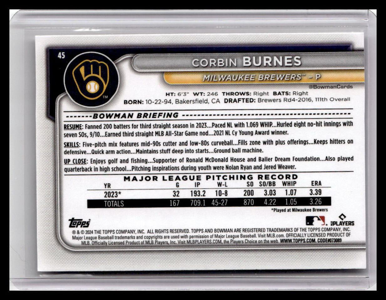 2024 Bowman #45 Corbin Burnes