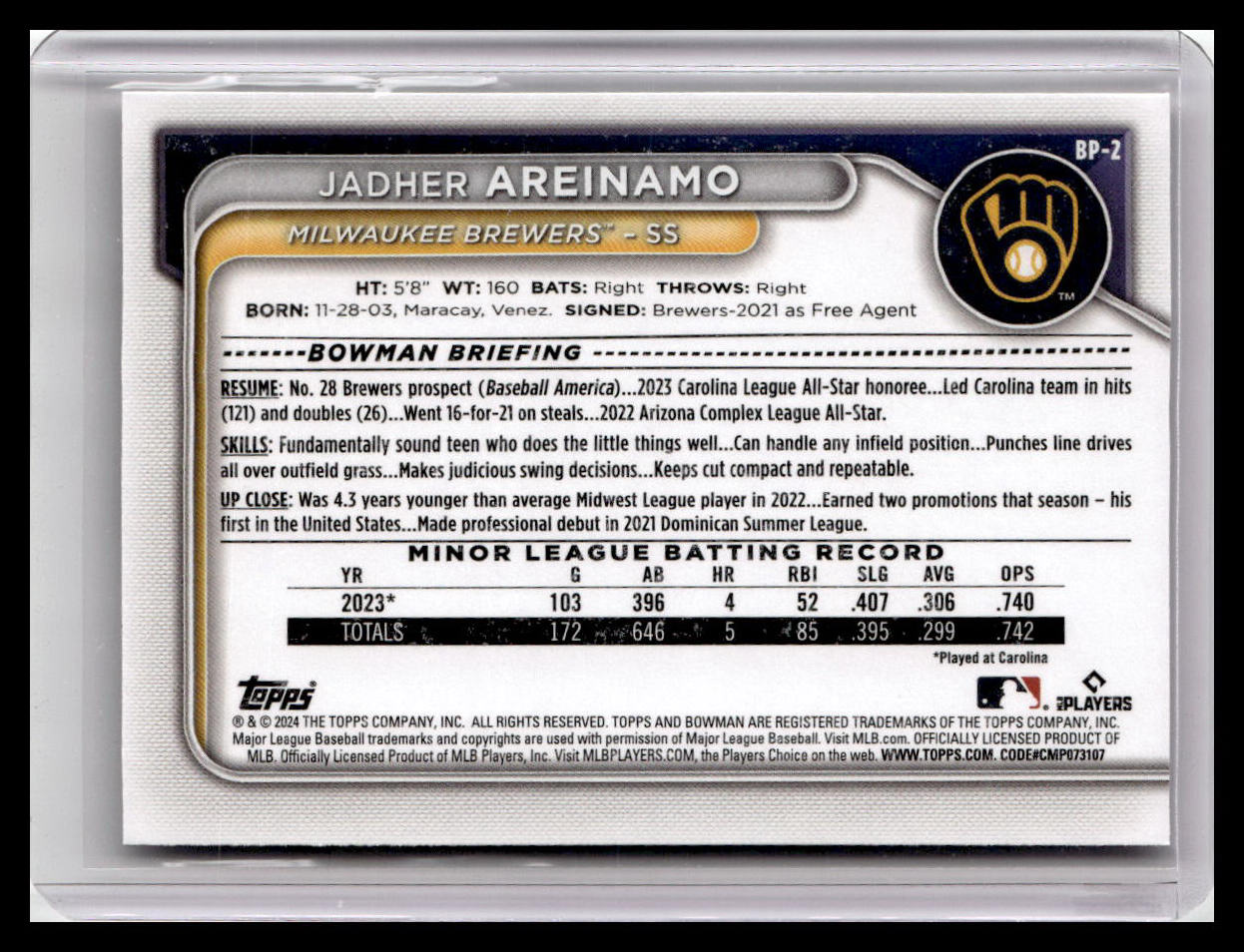 2024 Bowman #BP-2 Jadher Areinamo Prospects