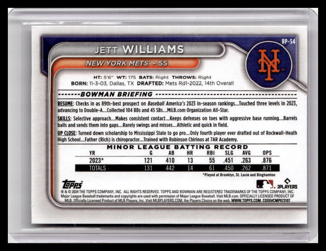 2024 Bowman #BP-54 Jett Williams Prospects