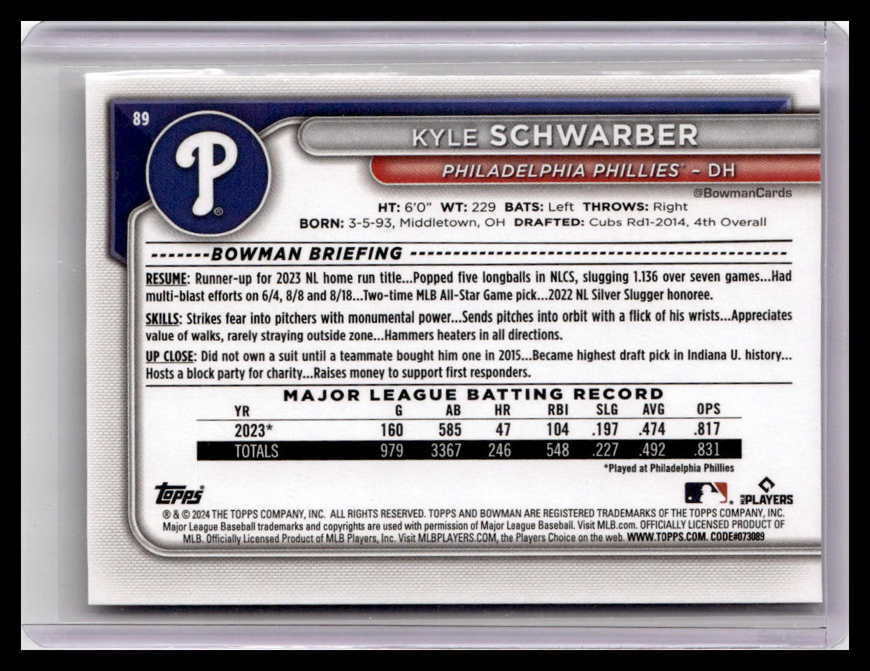 2024 Bowman #89 Kyle Schwarber