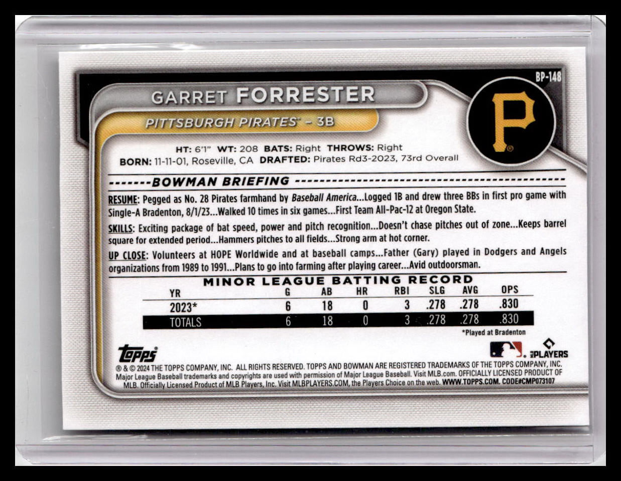 2024 Bowman #BP-148 Garret Forrester Prospects