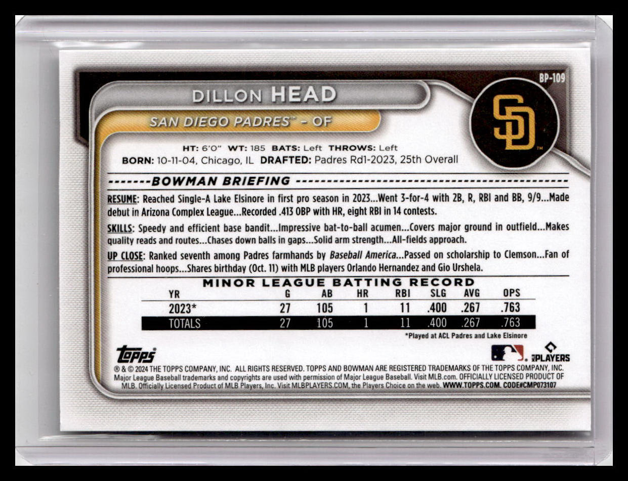 2024 Bowman #BP-109 Dillon Head Prospects