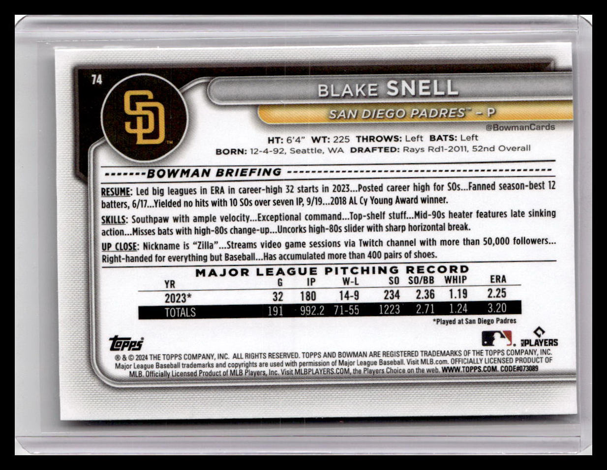 2024 Bowman #74 Blake Snell