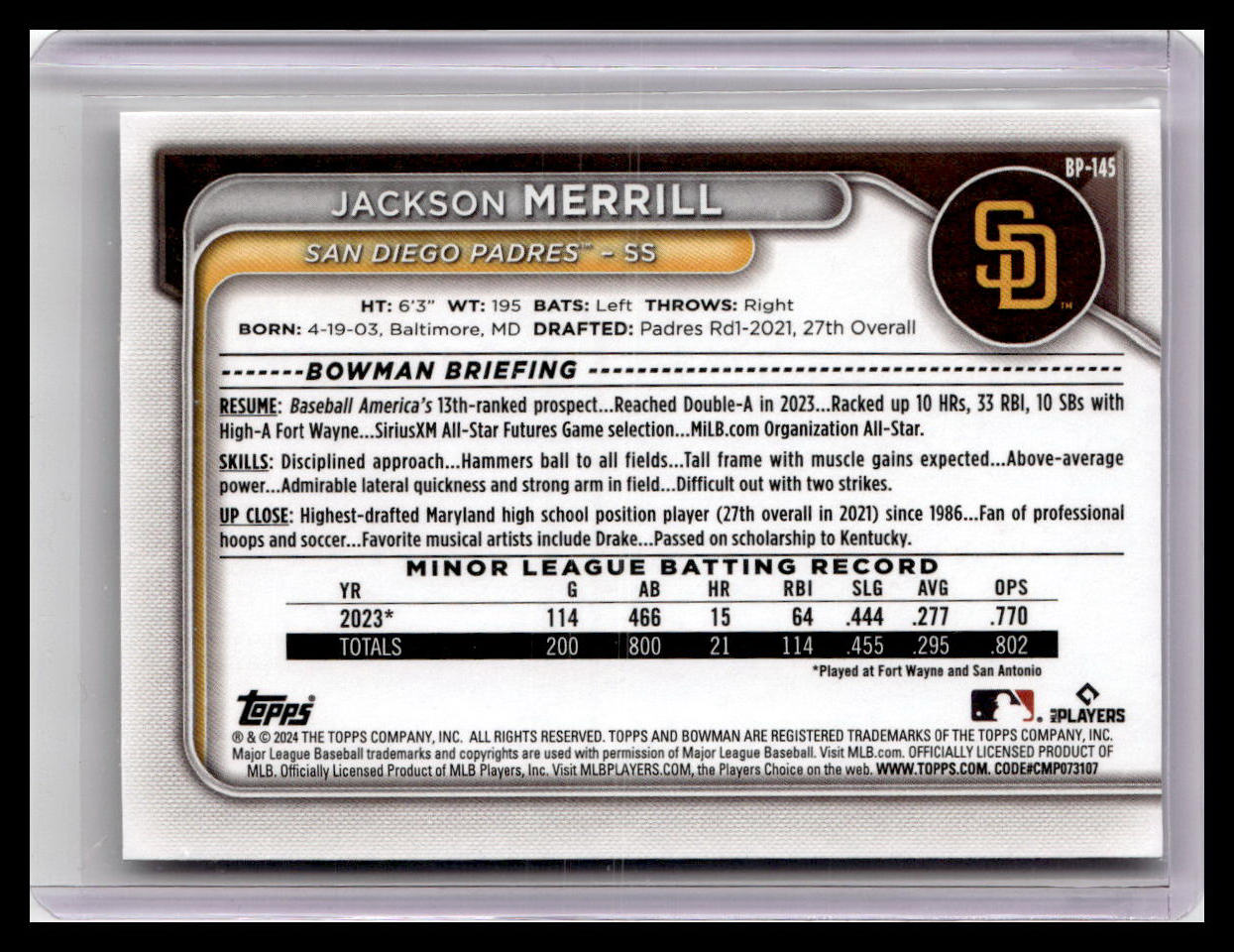 2024 Bowman #BP-145 Jackson Merrill Prospects