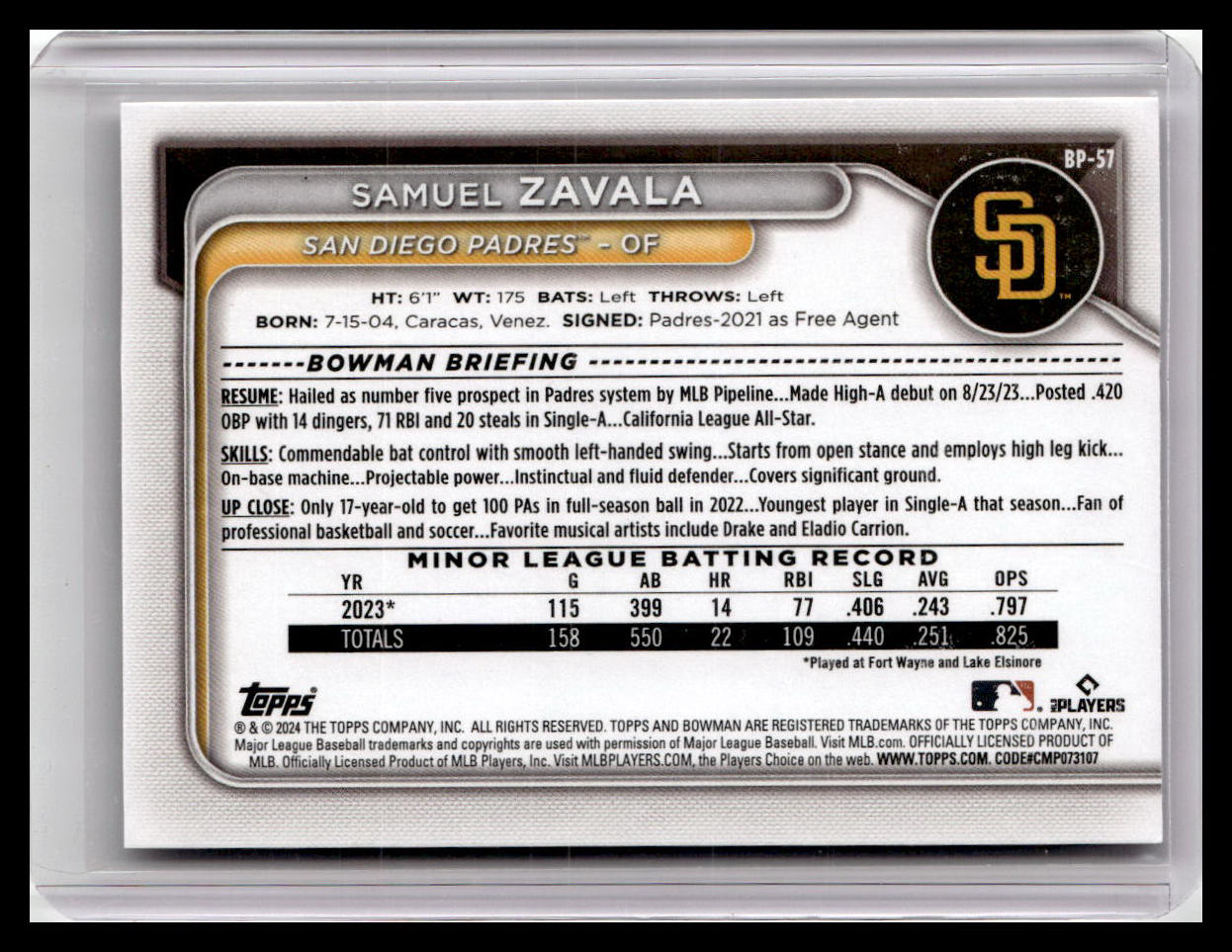 2024 Bowman #BP-57 Samuel Zavala Prospects