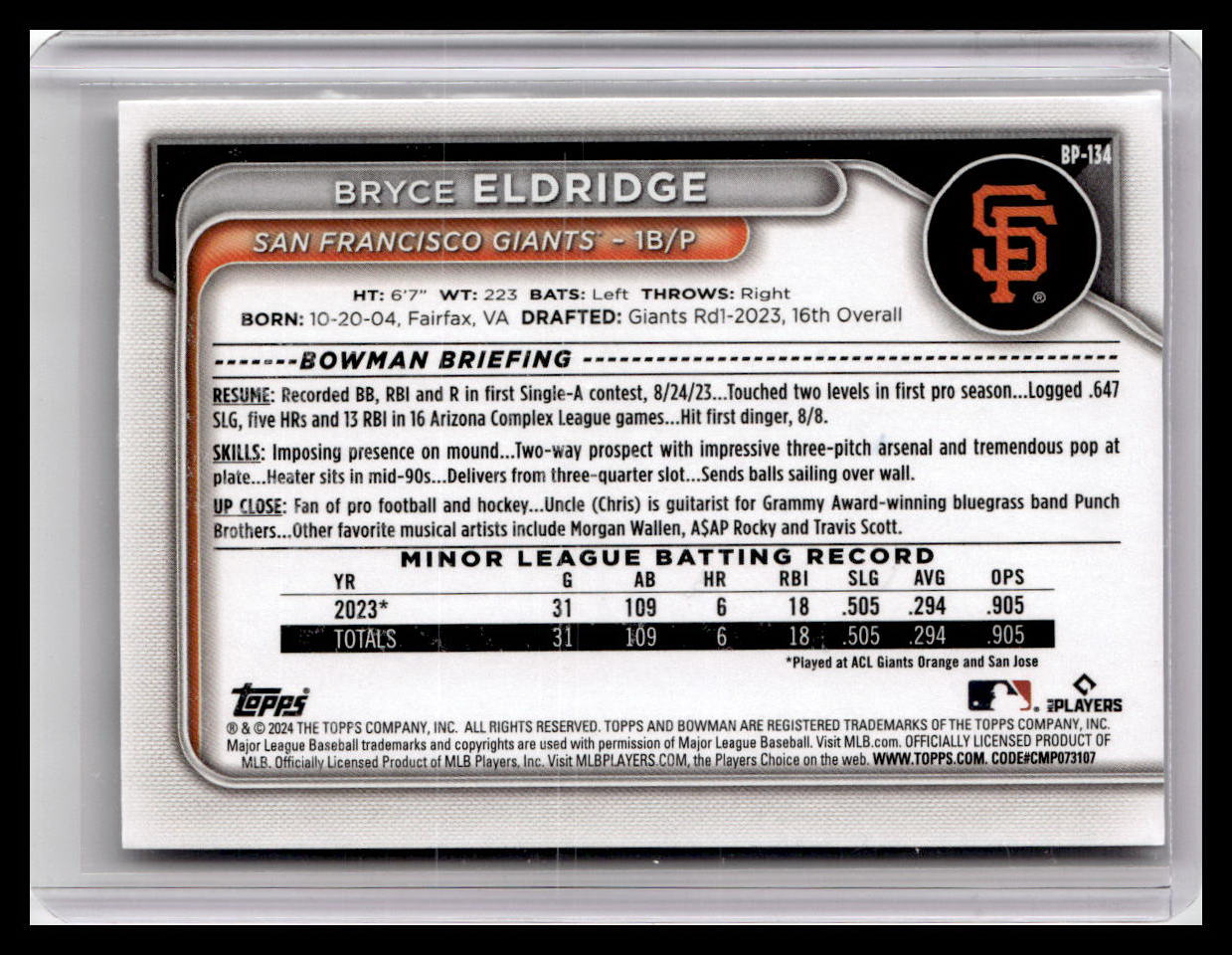 2024 Bowman #BP-134 Bryce Eldridge Prospects