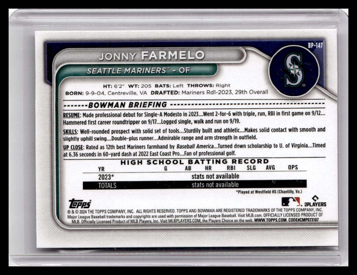 2024 Bowman #BP-147 Jonny Farmelo Prospects