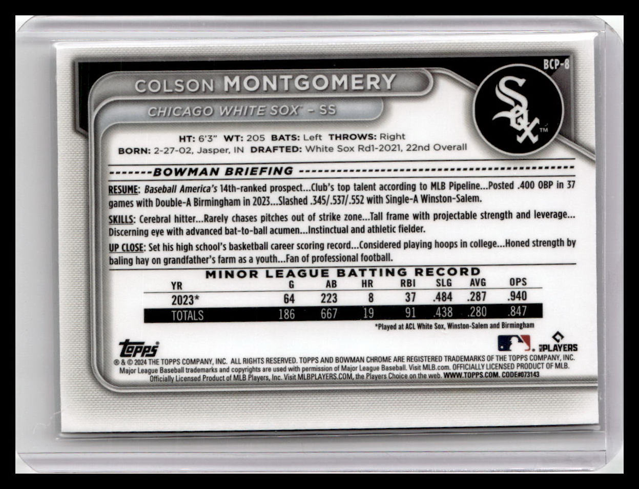 2024 Bowman #BCP-8 Colson Montgomery Chrome Prospects