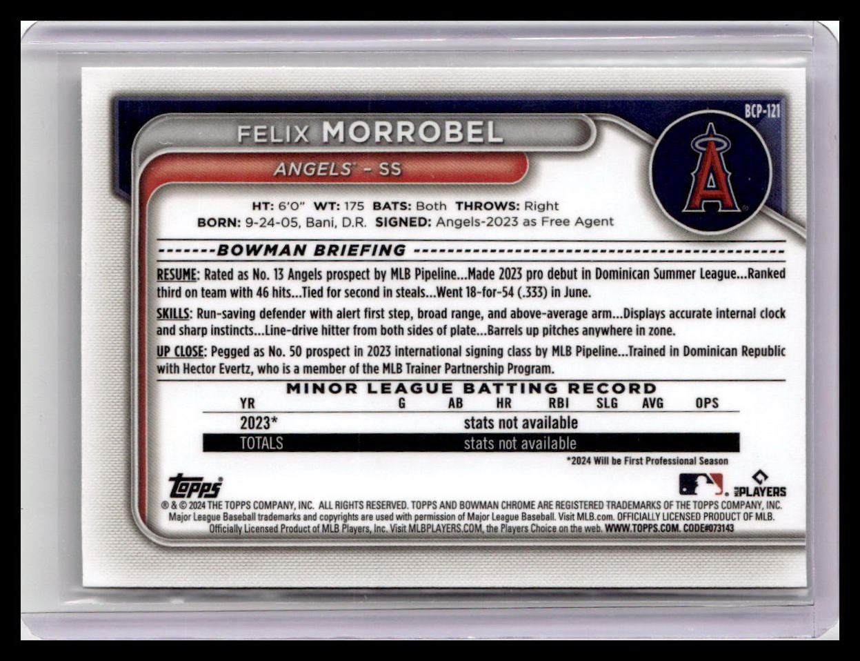 2024 Bowman #BCP-121 Felix Morrobel Chrome Prospects