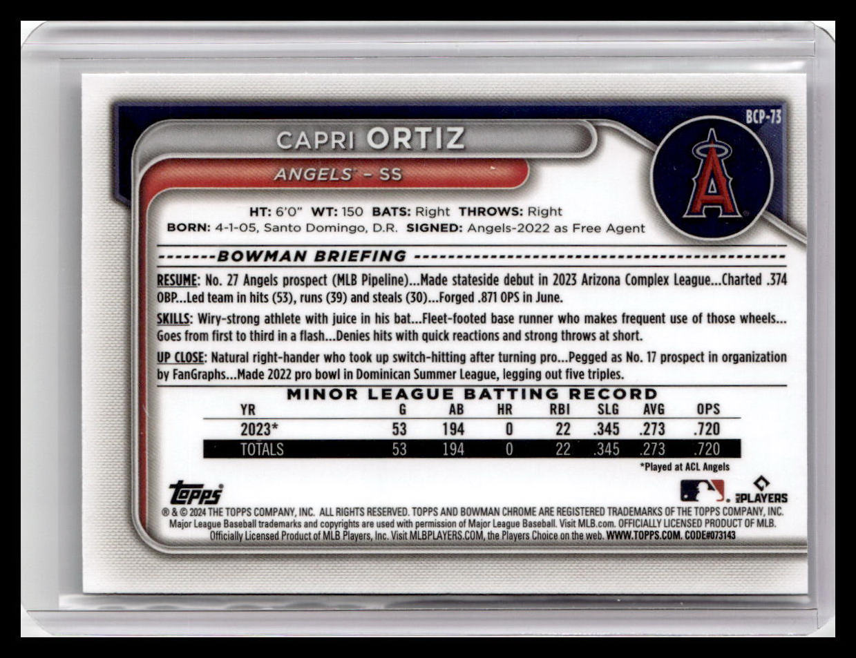 2024 Bowman #BCP-73 Capri Ortiz Chrome Prospects