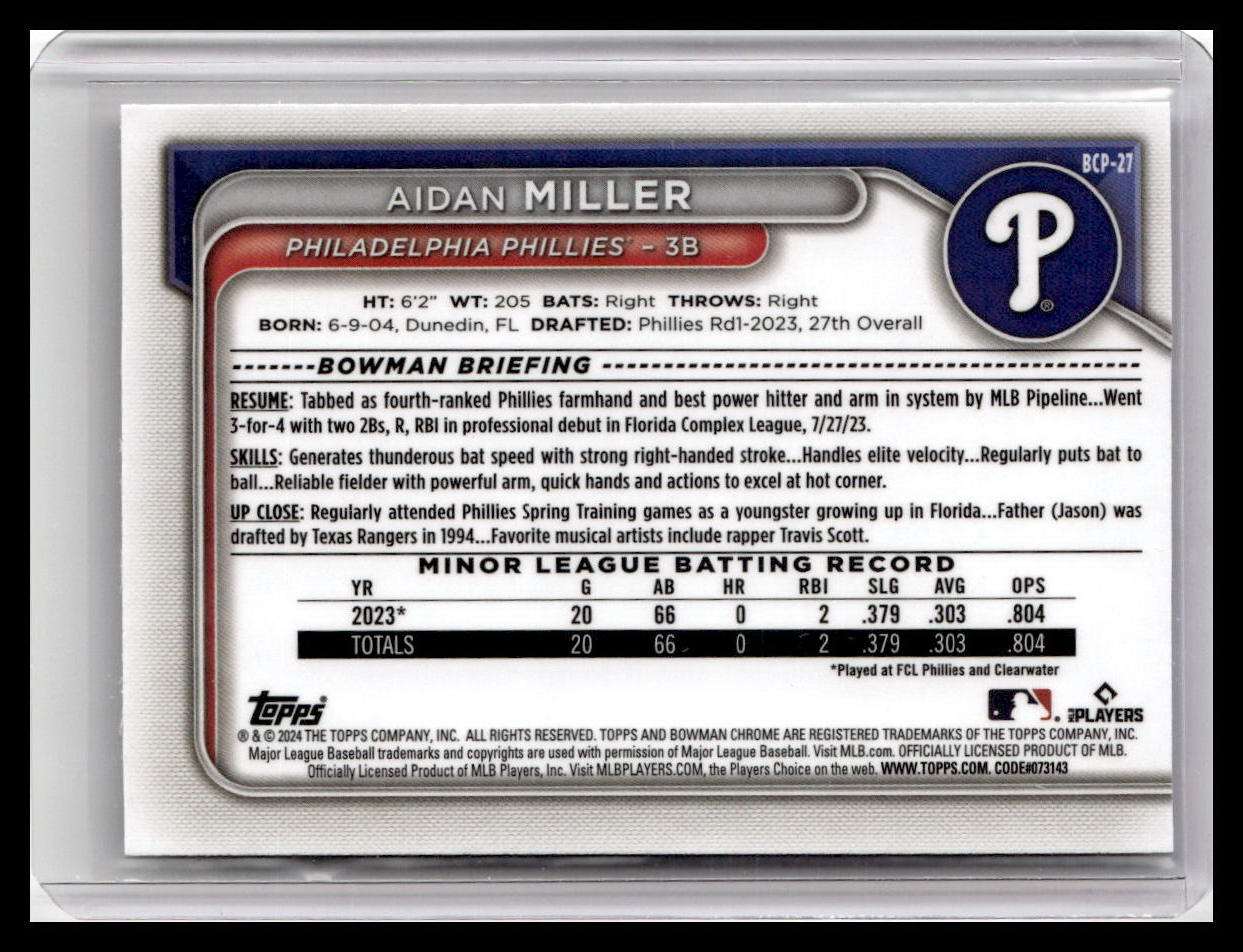 2024 Bowman #BCP-27 Aidan Miller Chrome Prospects