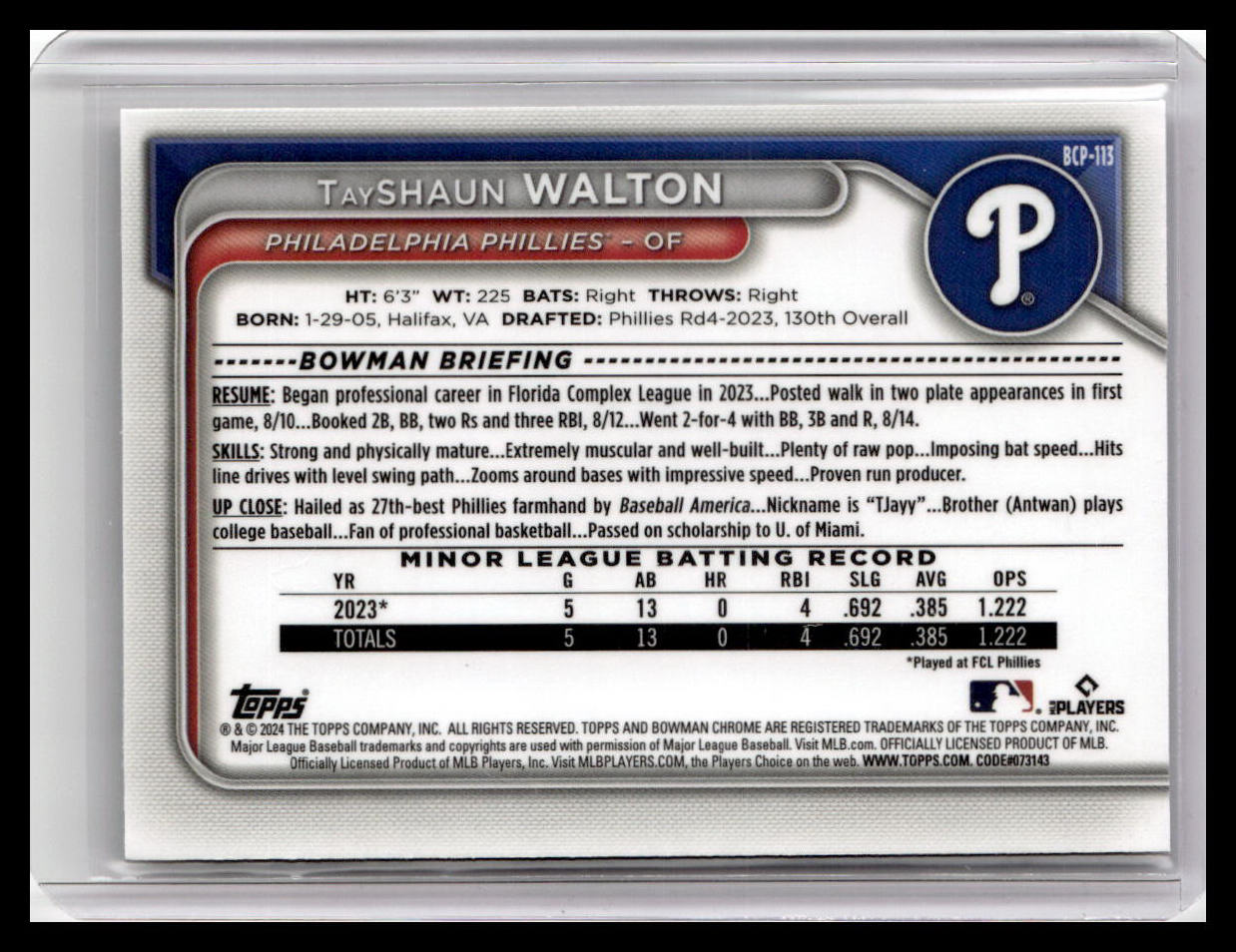 2024 Bowman #BCP-113 TayShaun Walton Chrome Prospects