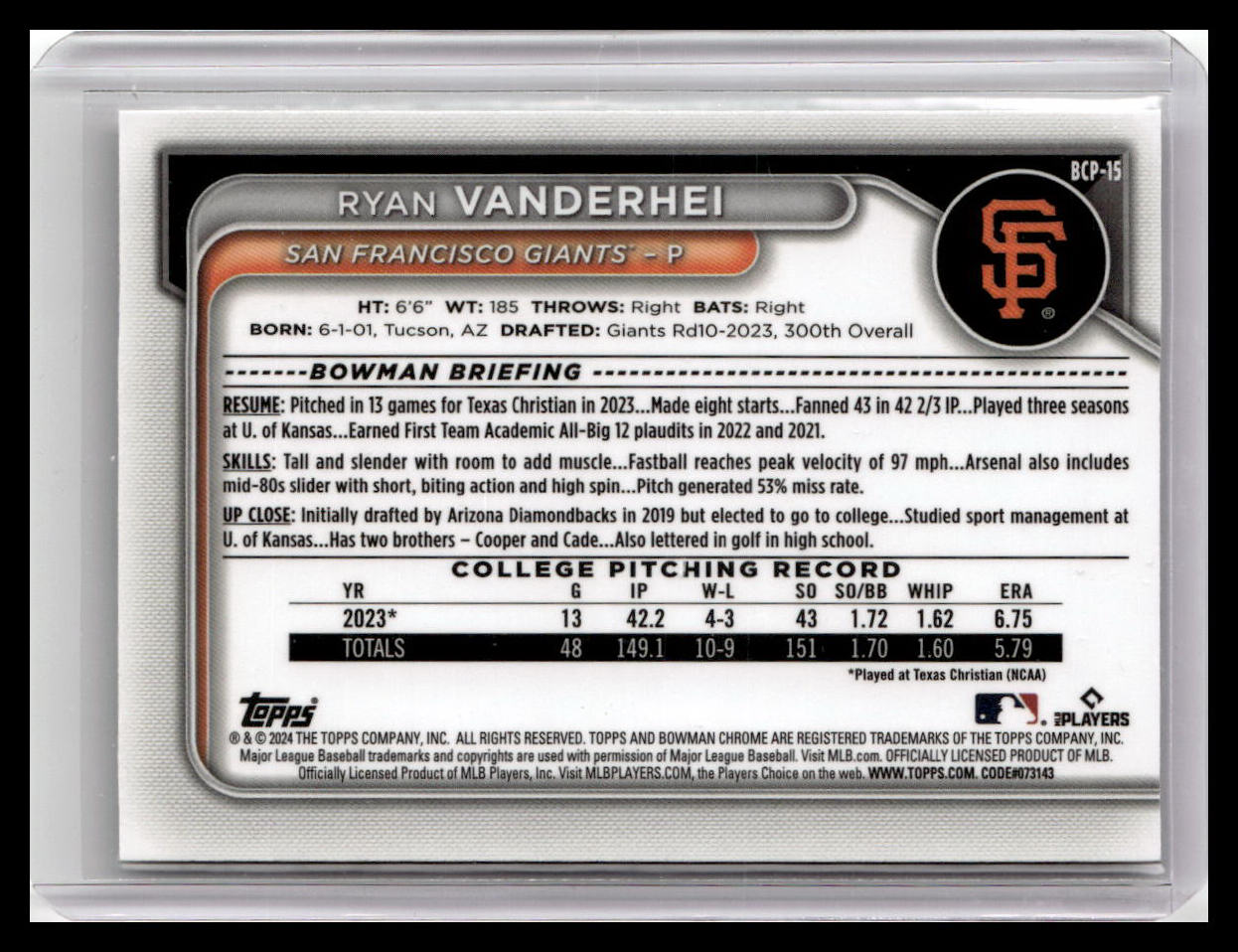 2024 Bowman #BCP-15 Ryan Vanderhei Chrome Prospects