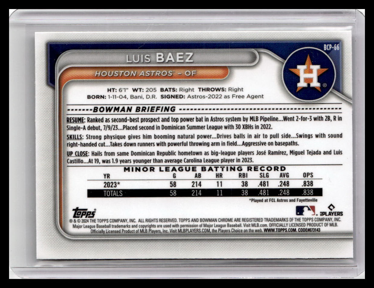 2024 Bowman #BCP-66 Luis Baez Chrome Prospects Lava Refractors #/399