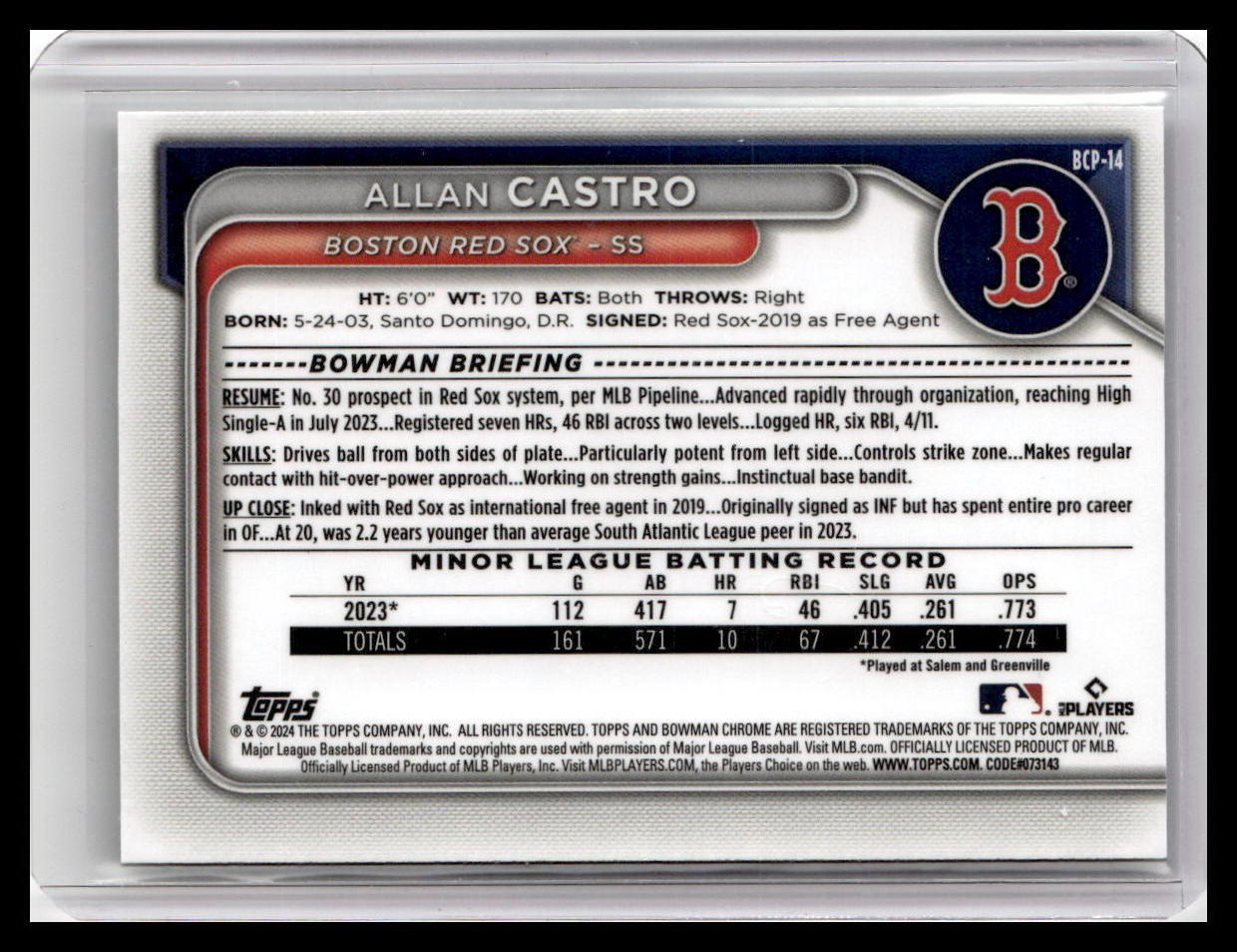 2024 Bowman #BCP-14 Allan Castro Chrome Prospects Lunar Glow Refractors