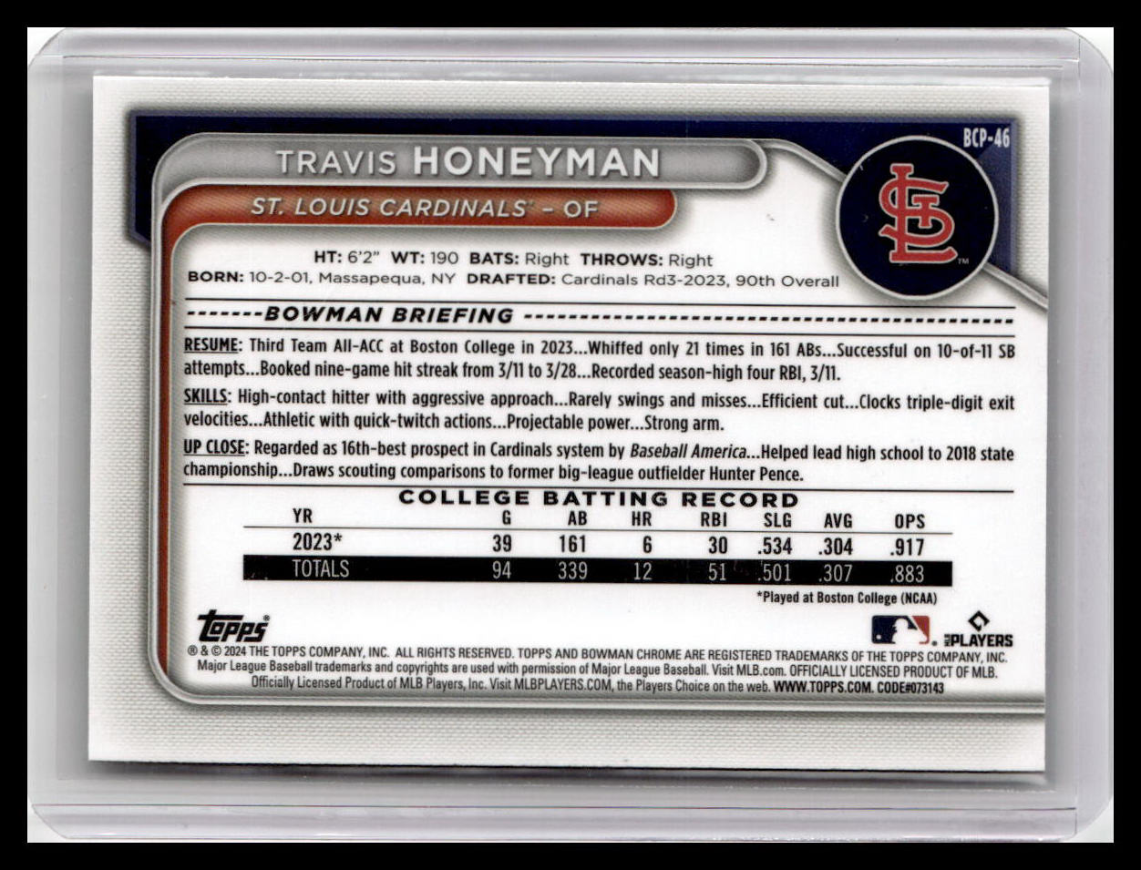 2024 Bowman #BCP-46 Travis Honeyman Chrome Prospects Lunar Glow Refractors