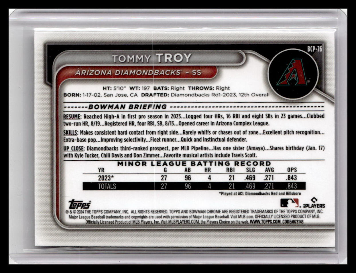 2024 Bowman #BCP-76 Tommy Troy Chrome Prospects