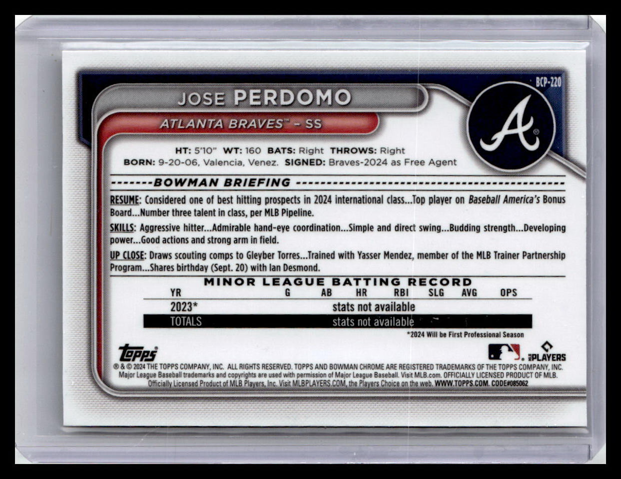 2024 Bowman Chrome #BCP-220 Jose Perdomo Prospects