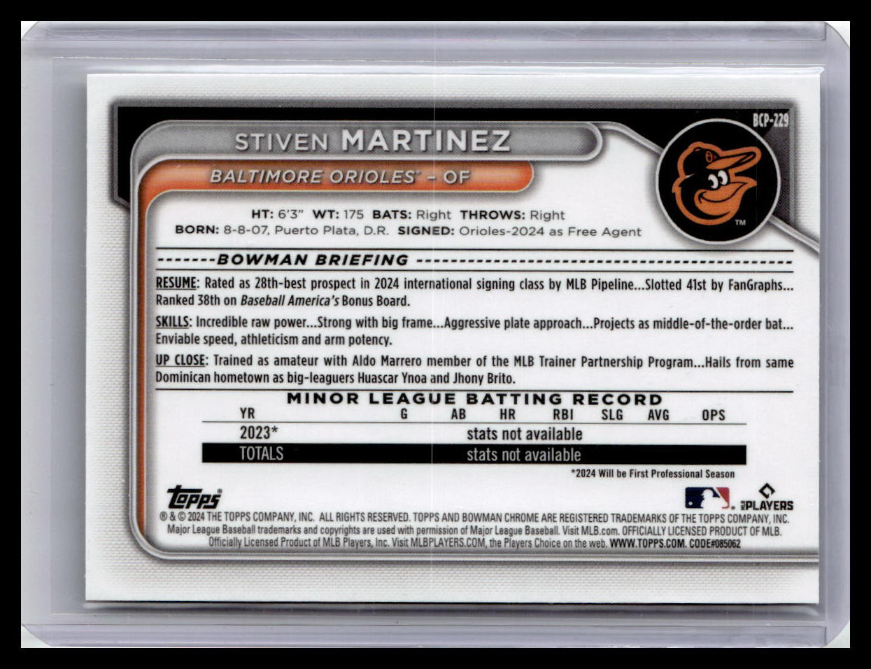 2024 Bowman Chrome #BCP-229 Stiven Martinez Prospects