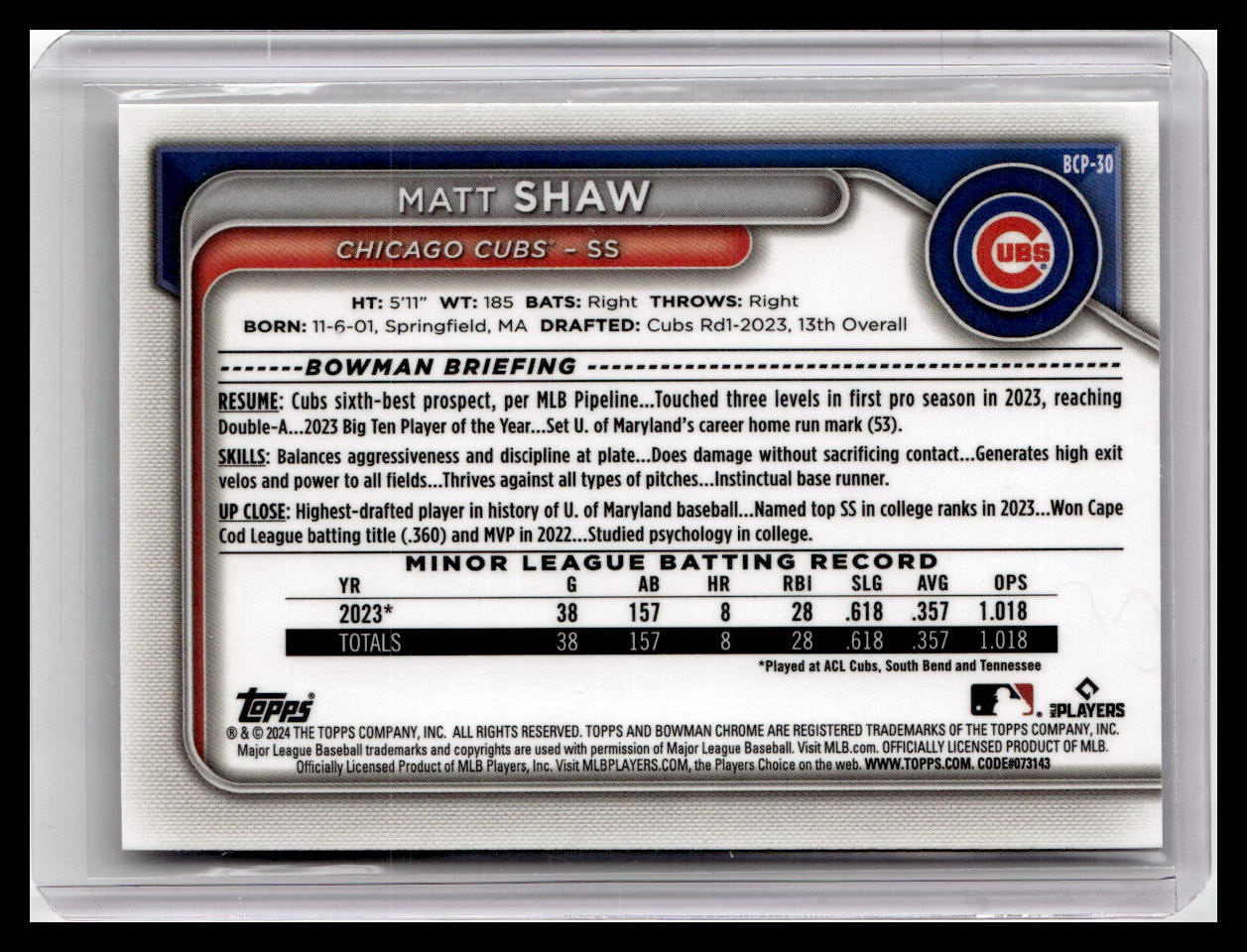 2024 Bowman #BCP-30 Matt Shaw Chrome Prospects