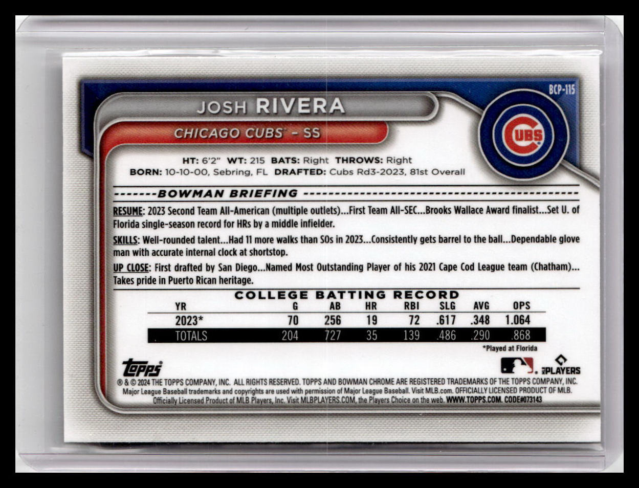 2024 Bowman #BCP-115 Josh Rivera Chrome Prospects