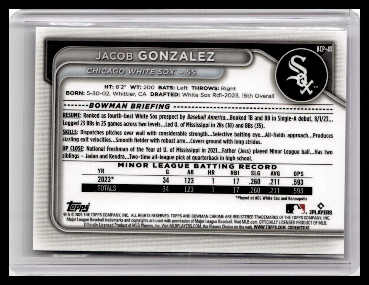 2024 Bowman #BCP-41 Jacob Gonzalez Chrome Prospects