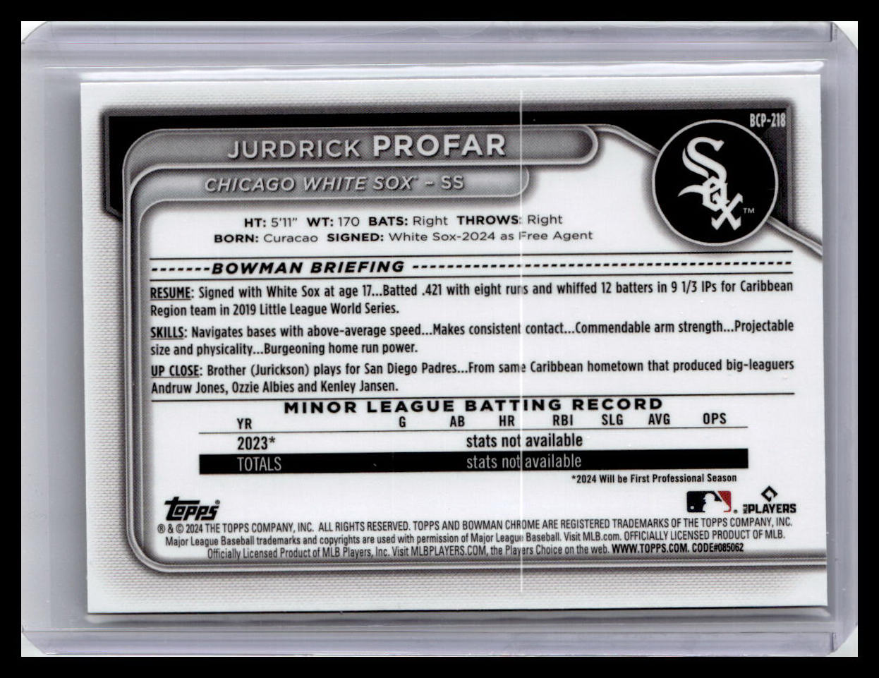 2024 Bowman Chrome #BCP-218 Jurdrick Profar Prospects