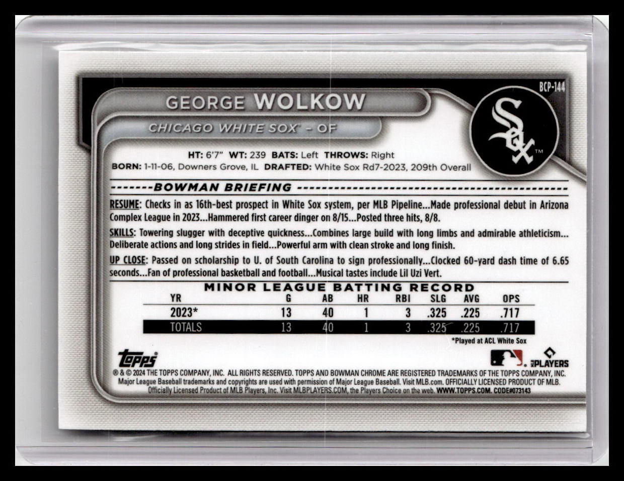 2024 Bowman #BCP-144 George Wolkow Chrome Prospects