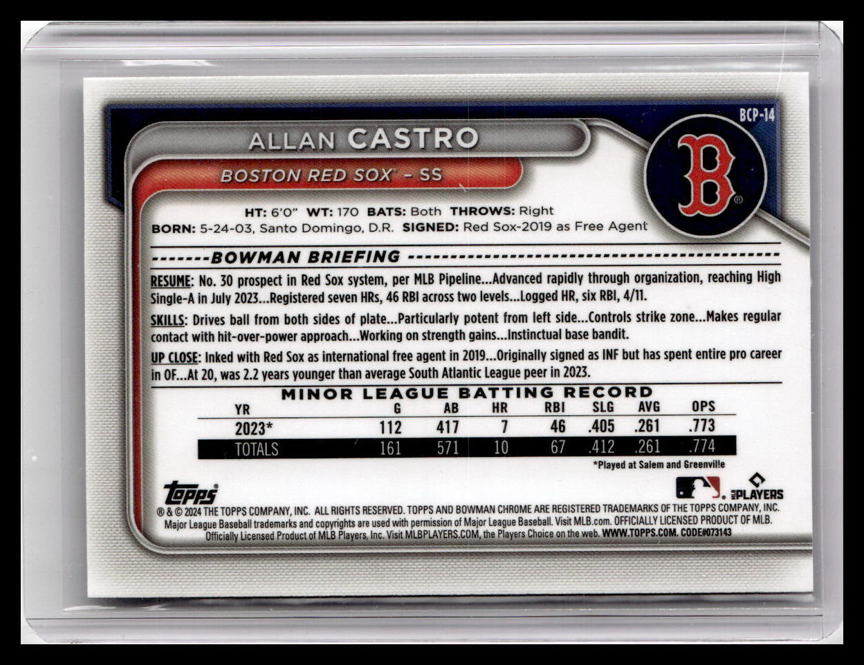 2024 Bowman #BCP-14 Allan Castro Chrome Prospects