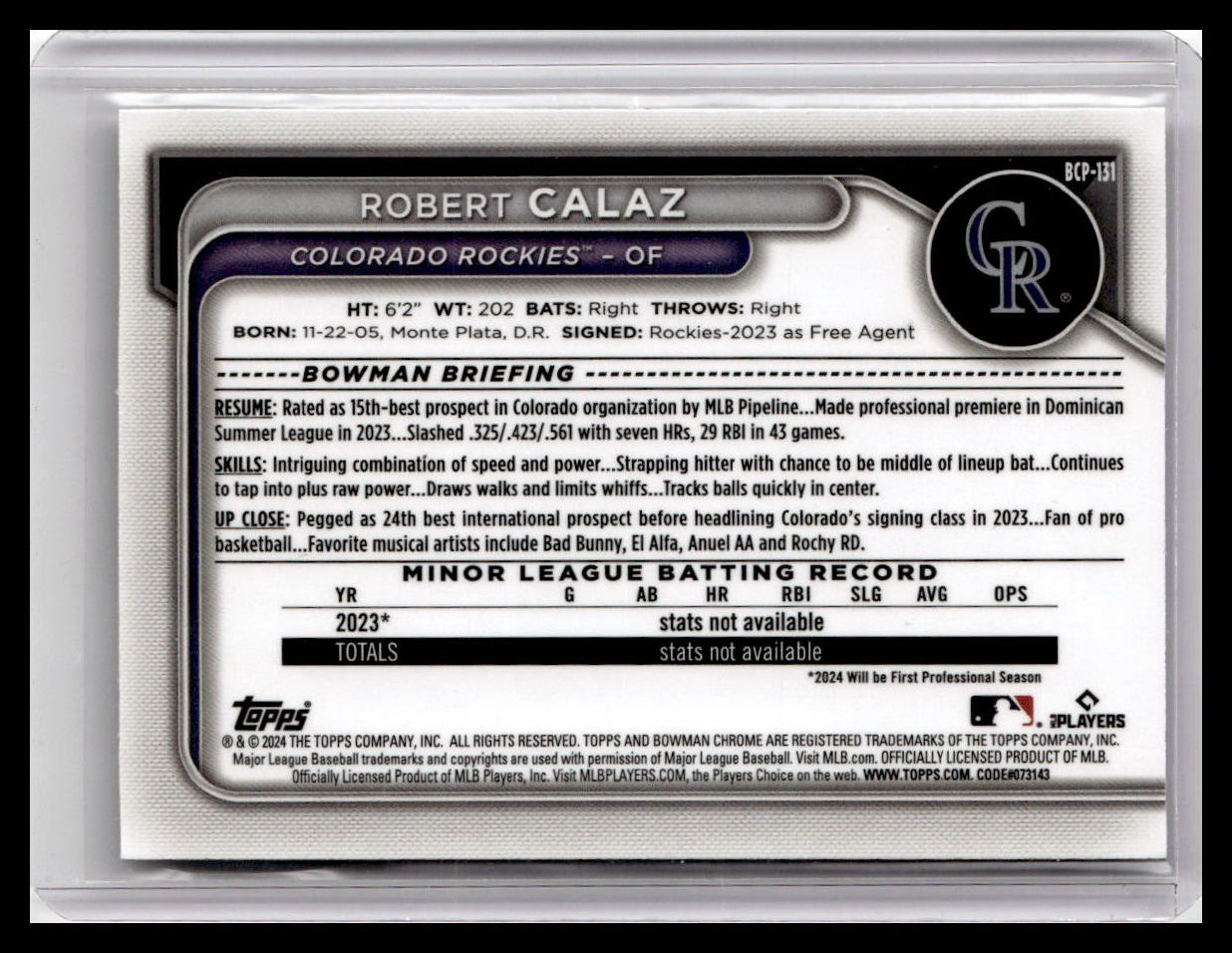 2024 Bowman #BCP-131 Robert Calaz Chrome Prospects