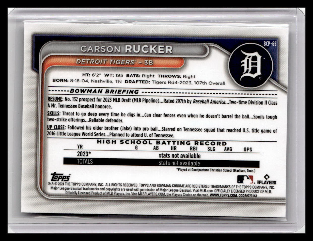 2024 Bowman #BCP-65 Carson Rucker Chrome Prospects