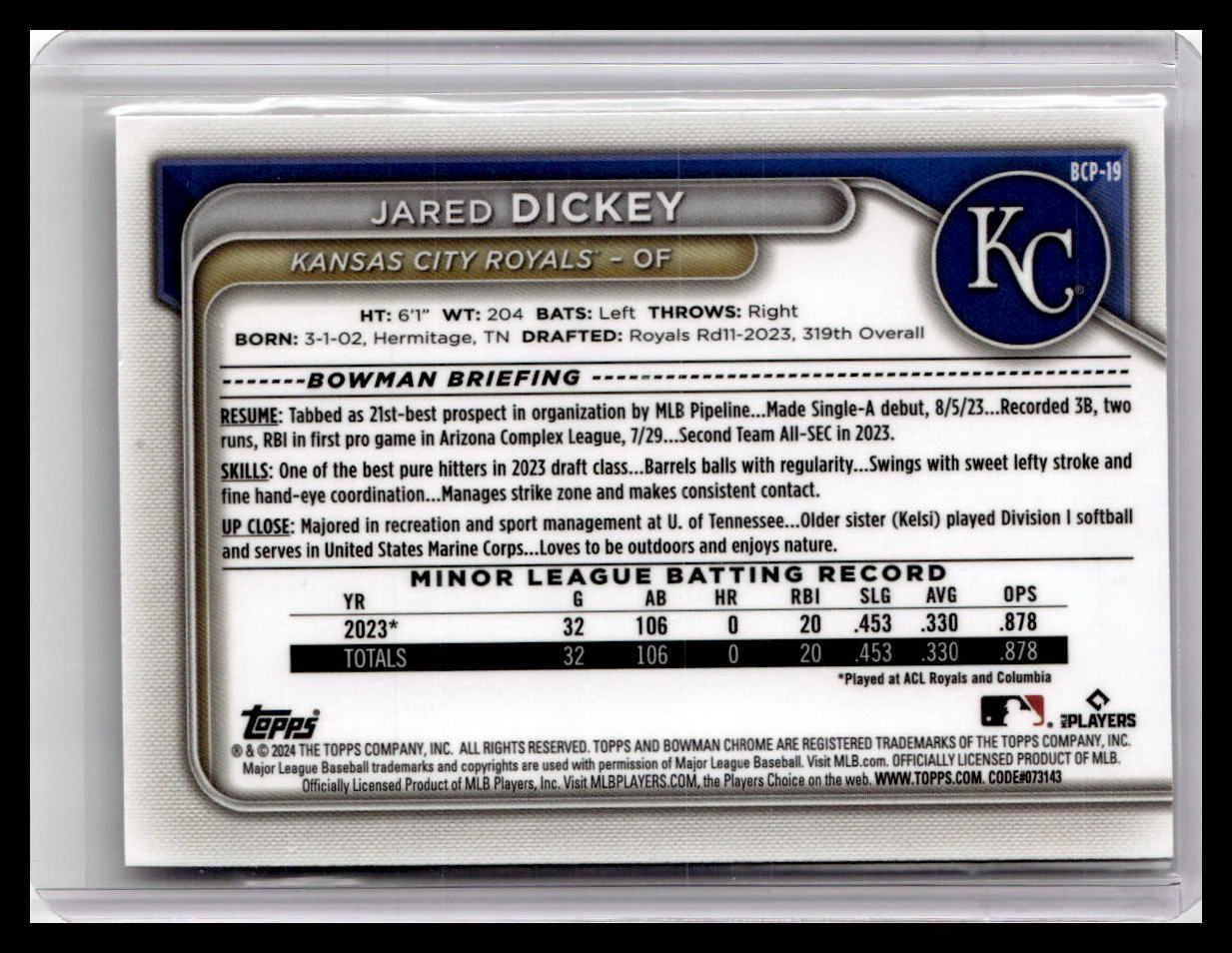 2024 Bowman #BCP-19 Jared Dickey Chrome Prospects