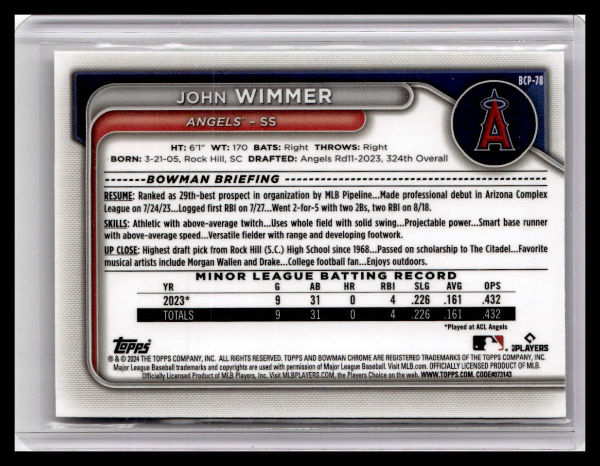 2024 Bowman #BCP-78 John Wimmer Chrome Prospects