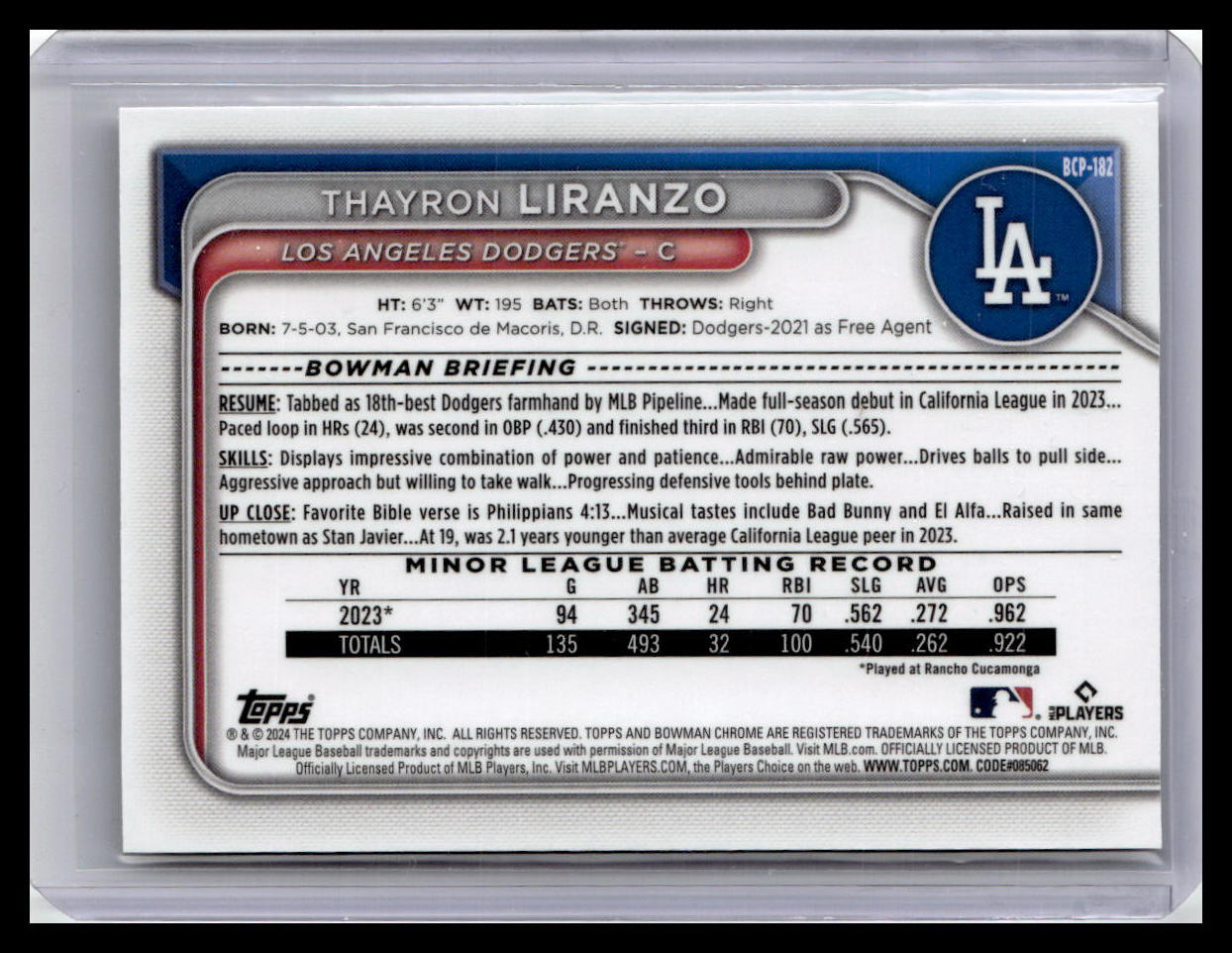 2024 Bowman Chrome #BCP-182 Thayron Liranzo Prospects