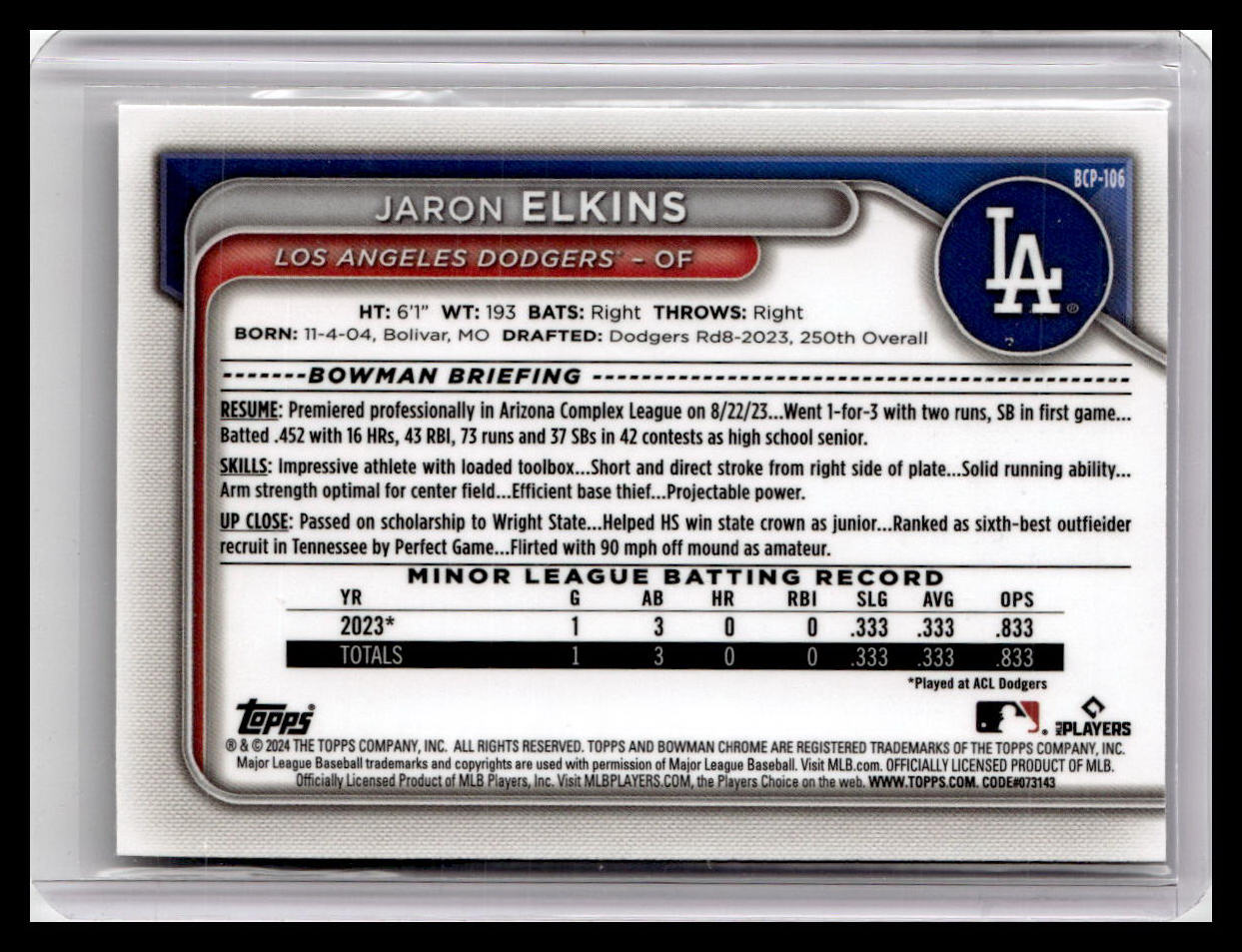2024 Bowman #BCP-106 Jaron Elkins Chrome Prospects
