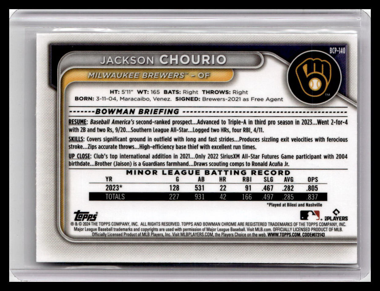 2024 Bowman #BCP-140 Jackson Chourio Chrome Prospects