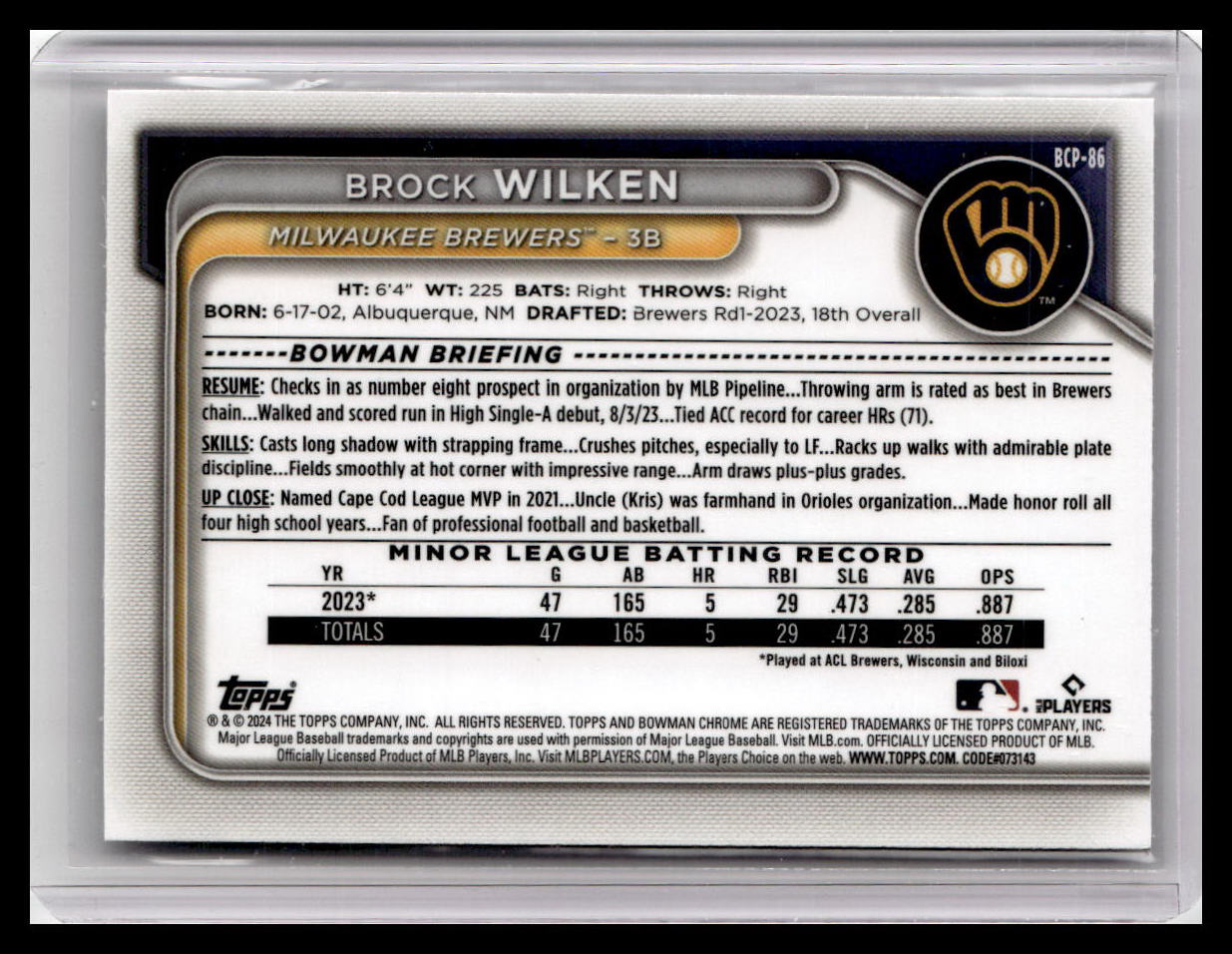 2024 Bowman #BCP-86 Brock Wilken Chrome Prospects